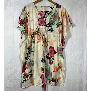 by Tavi Top Tunic Poncho Peach Pink Floral Shear Fair Trade Free Size Cover Up